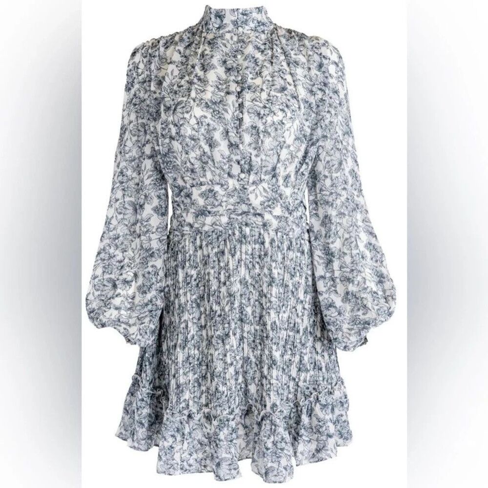 Ivy City Co Brynley Floral Mini Long Puff Sleeve Dress Blue White Woman Size XS